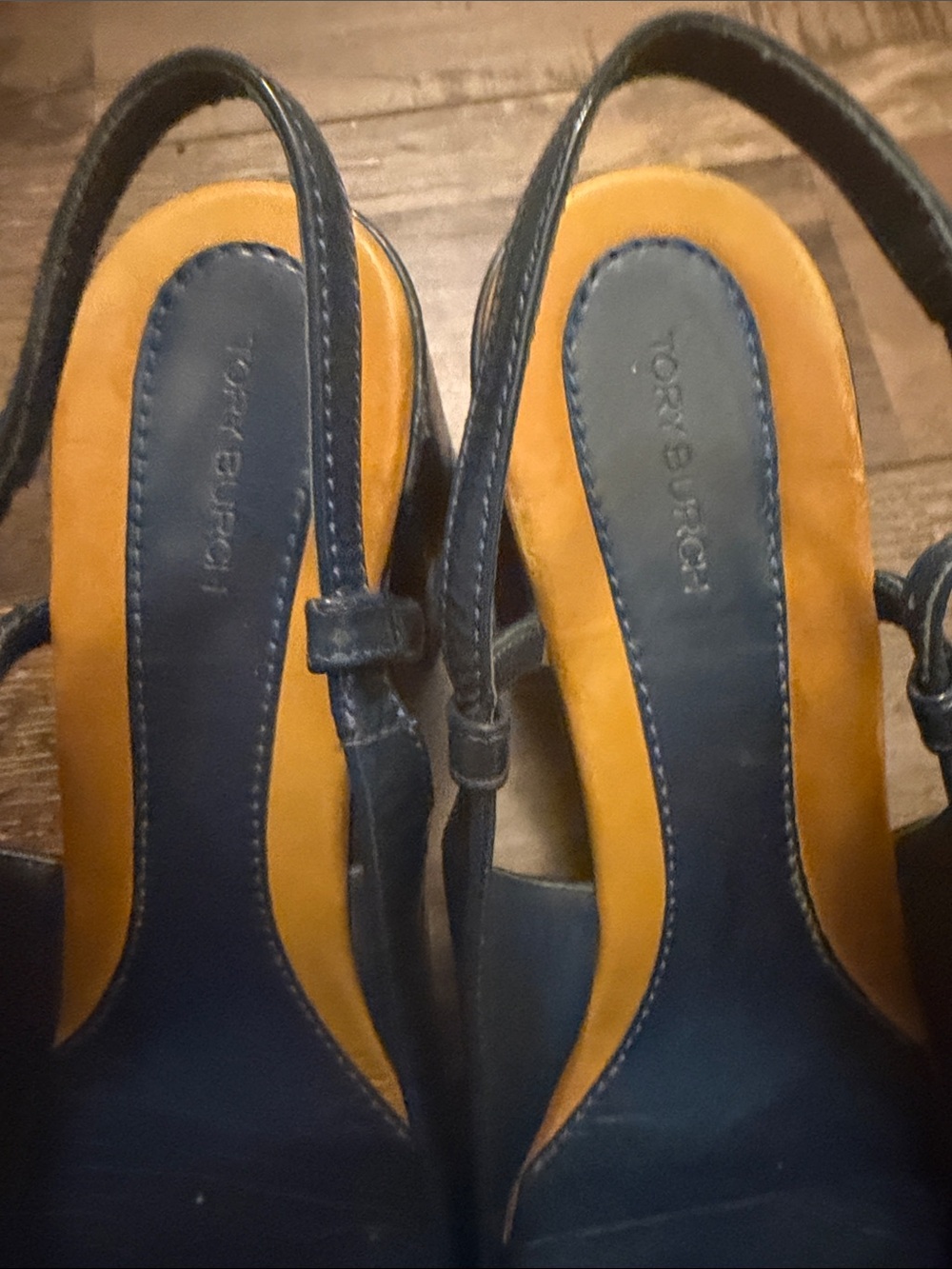 Tory Burch Navy and Yellow Slingback Logo Heels - Picture 4 of 8